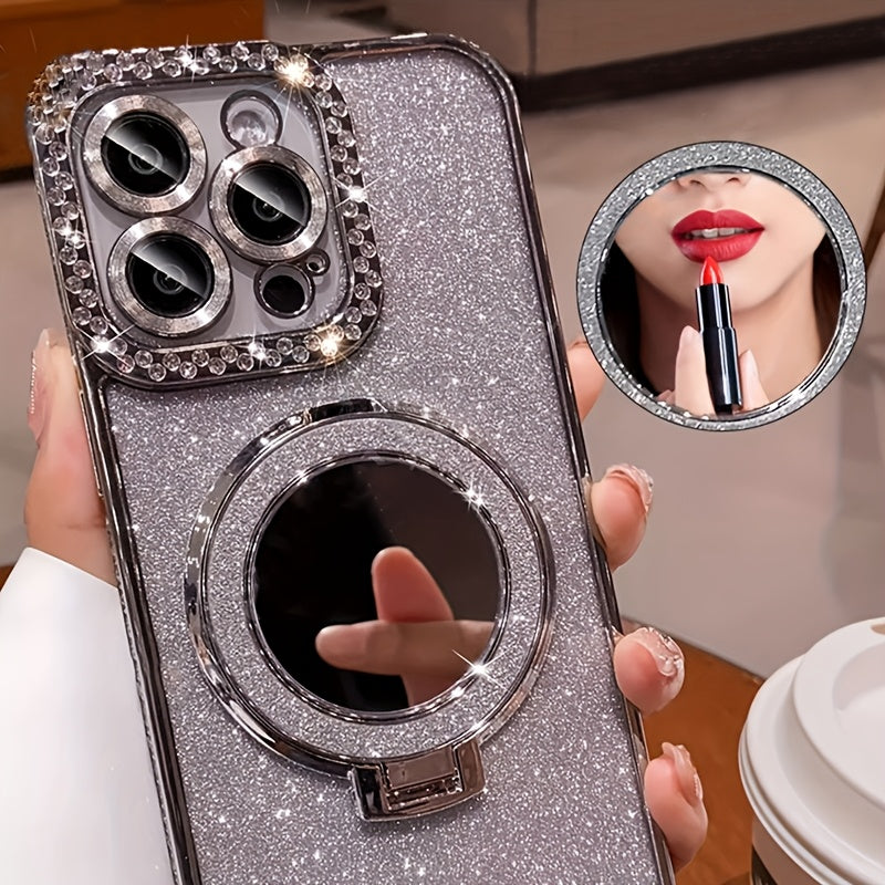 New Luxury Premium Flash Double Row Diamond Mirror Magnetic Stand Full Lens Phone Case for Apple iPhone 16 15 Promax 14 Plus 13 Pro 12 11 Pro Max/Niche Transparent Anti-drop Soft Adhesive Protection Back Cover/boyfriend And G